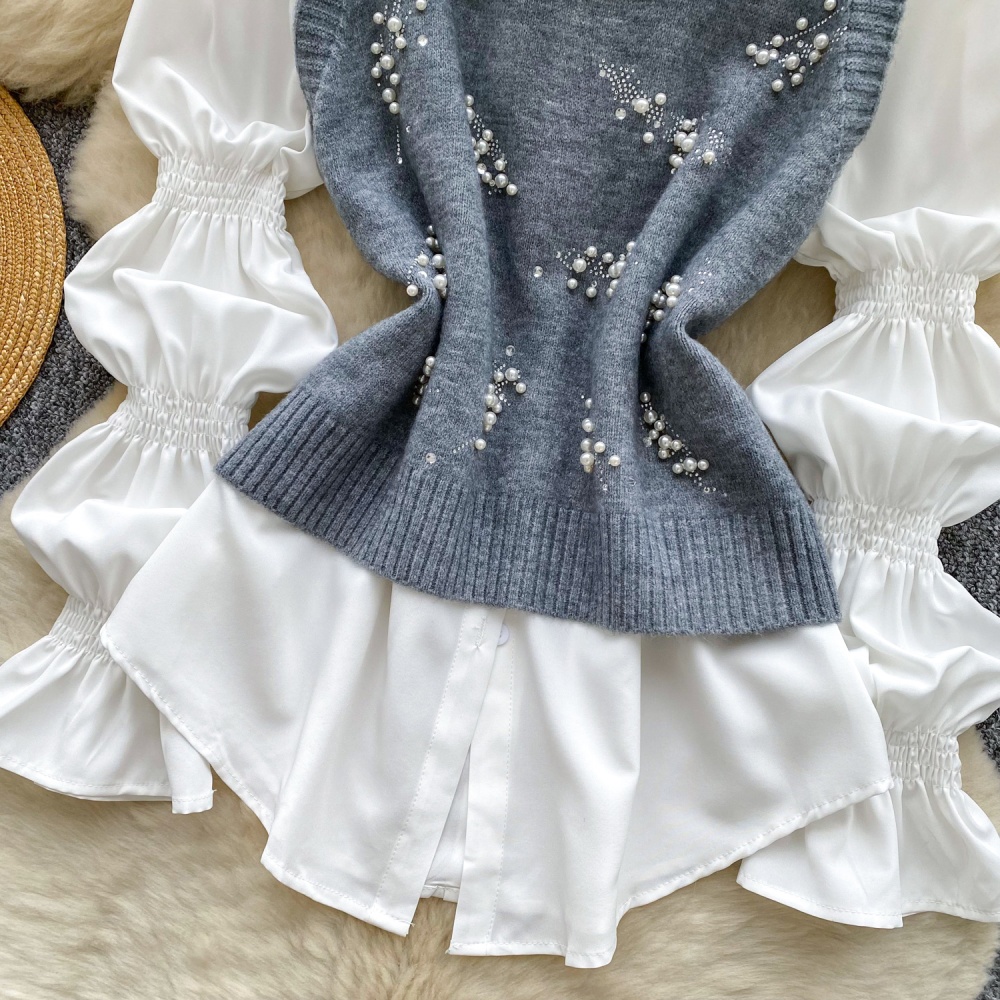 Beading rhinestone waistcoat all-match tops 2pcs set