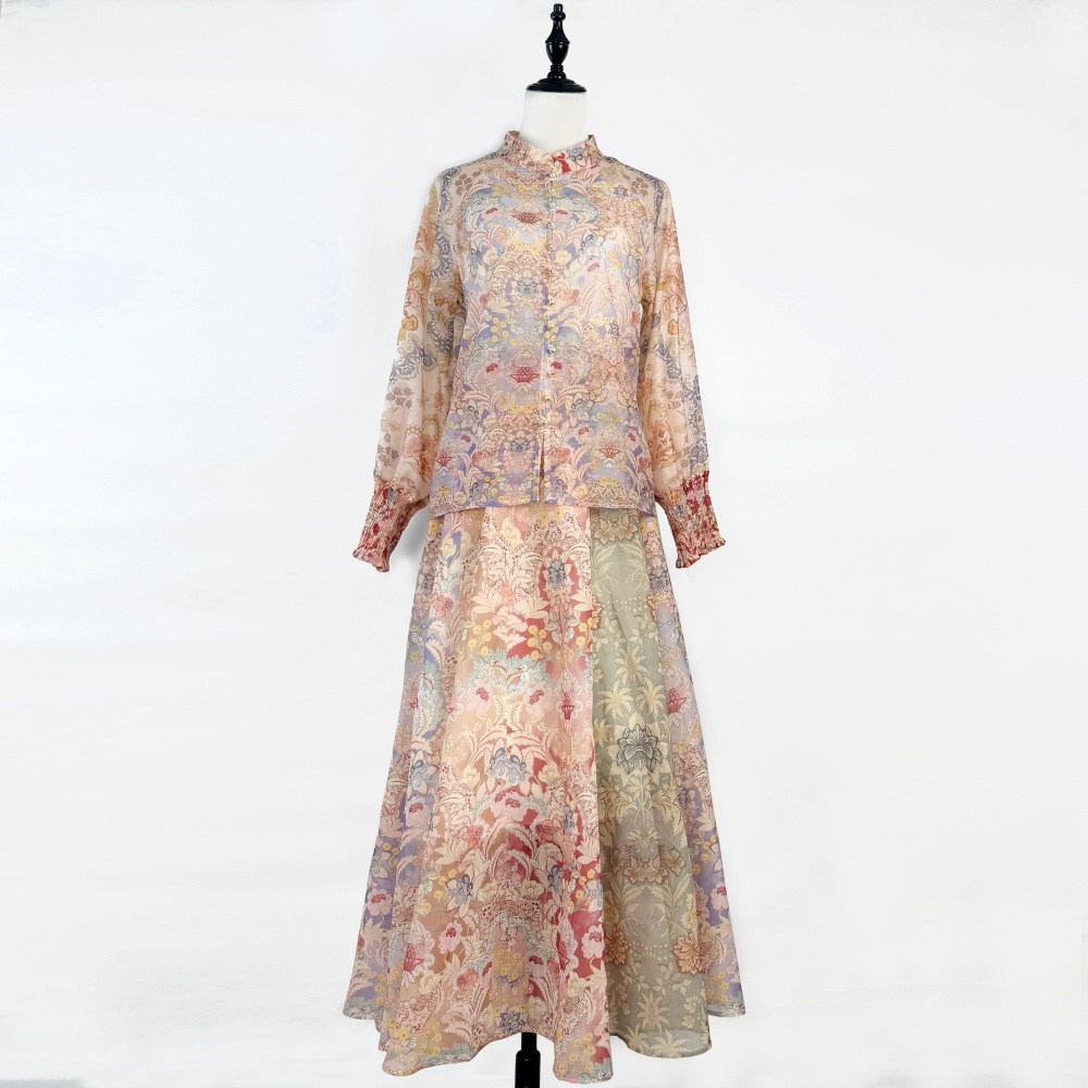 Retro half elastic shirt big skirt short skirt 2pcs set