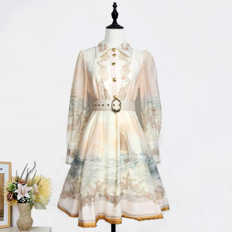 Spring refinement dress printing lantern sleeve belt