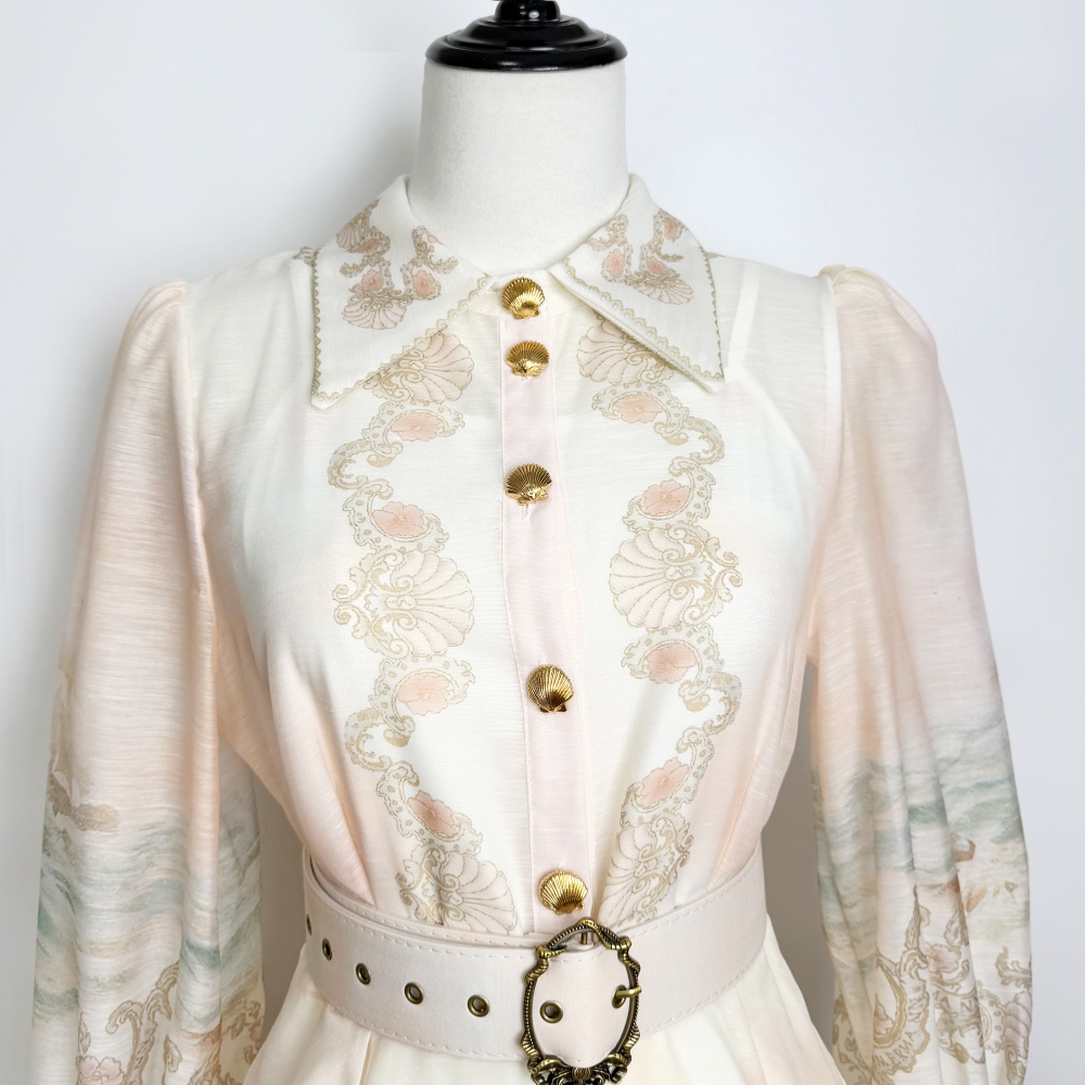 Spring refinement dress printing lantern sleeve belt