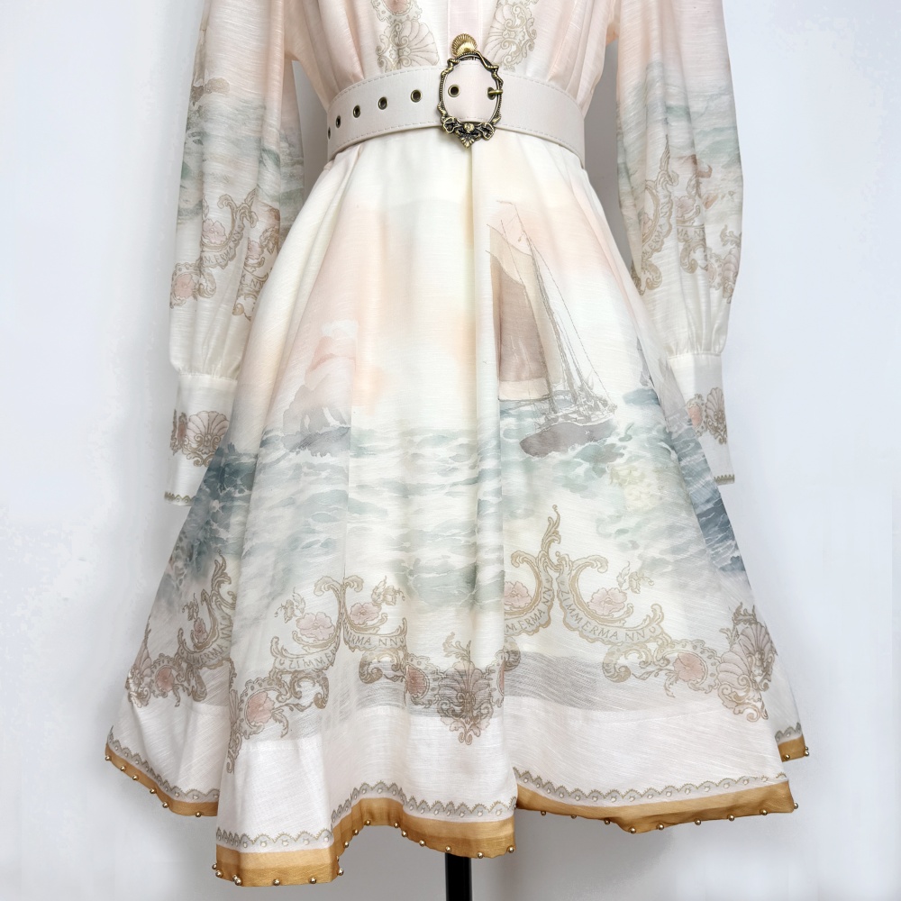 Spring refinement dress printing lantern sleeve belt