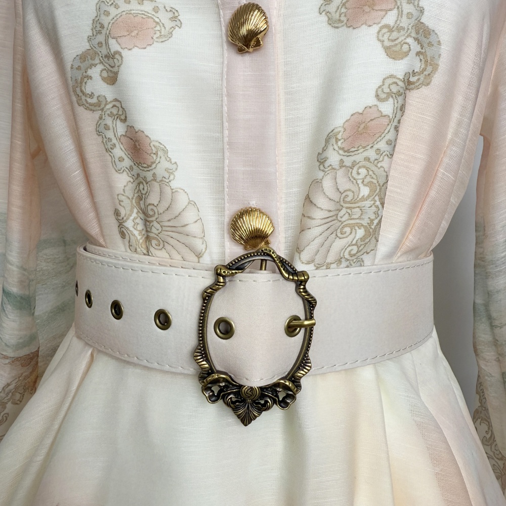 Spring refinement dress printing lantern sleeve belt