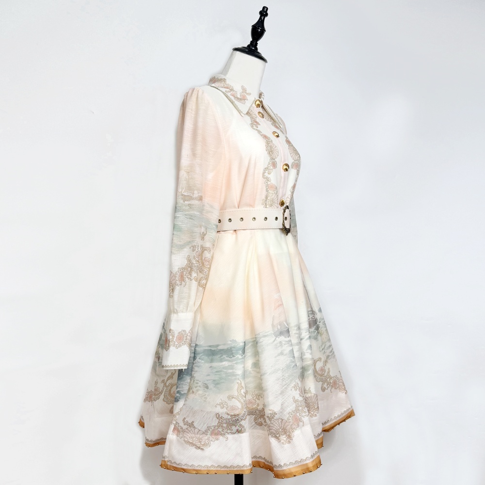 Spring refinement dress printing lantern sleeve belt