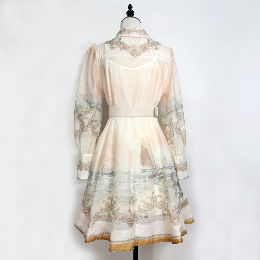 Spring refinement dress printing lantern sleeve belt