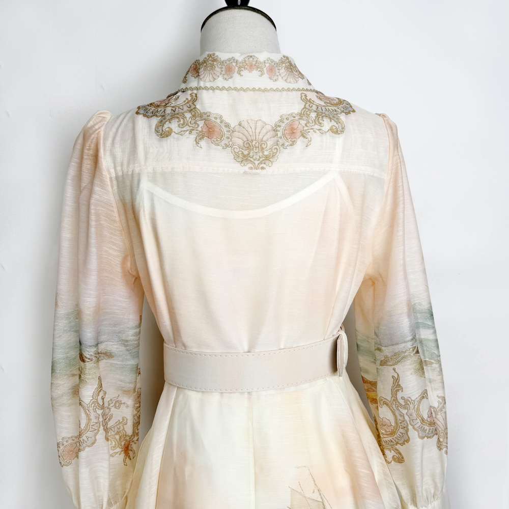 Spring refinement dress printing lantern sleeve belt