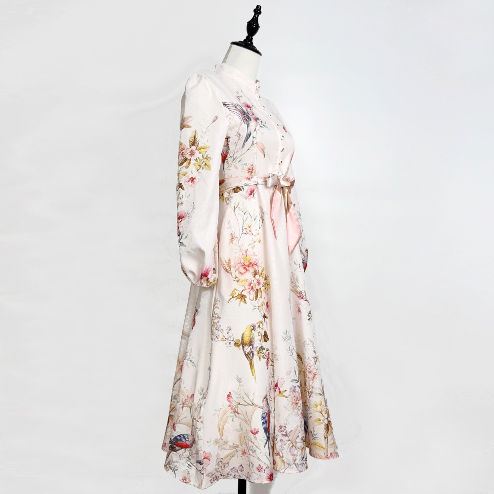 Elegant long pink colors cstand collar printing dress