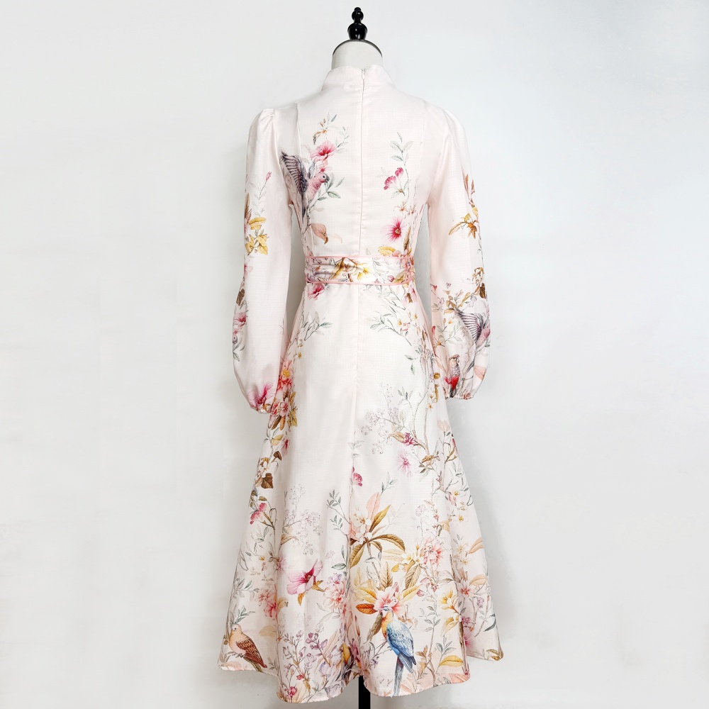 Elegant long pink colors cstand collar printing dress