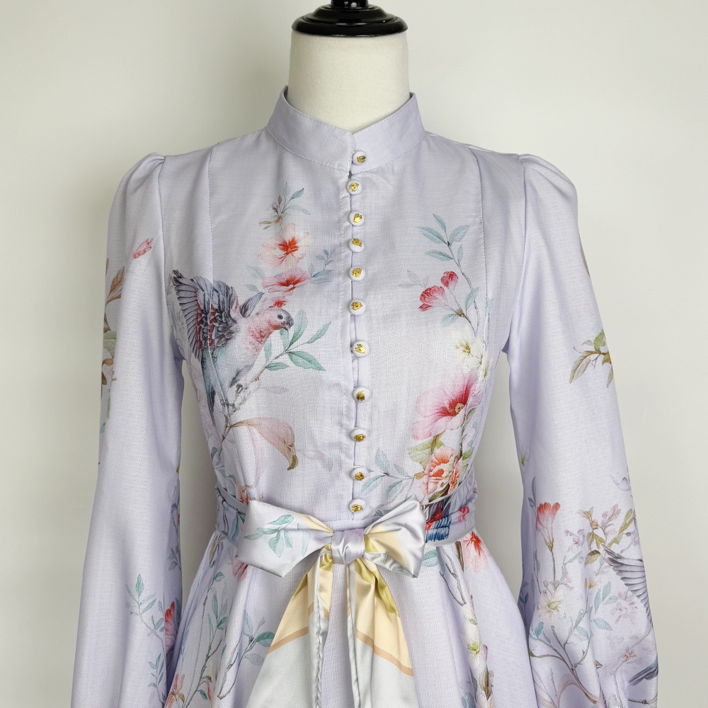 Elegant long pink colors cstand collar printing dress