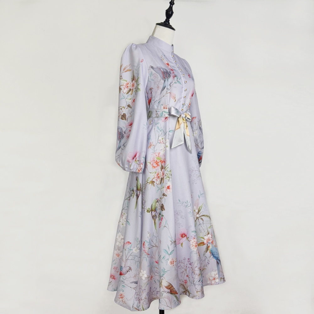 Elegant long pink colors cstand collar printing dress