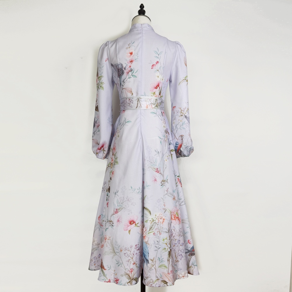 Elegant long pink colors cstand collar printing dress