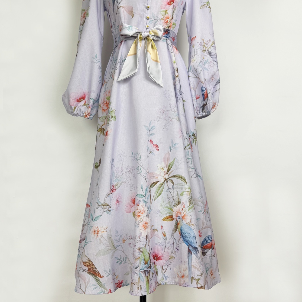 Elegant long pink colors cstand collar printing dress