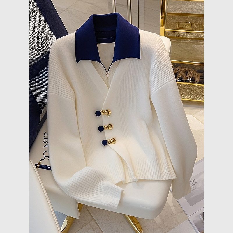 White Pseudo-two sweater chanelstyle tops for women