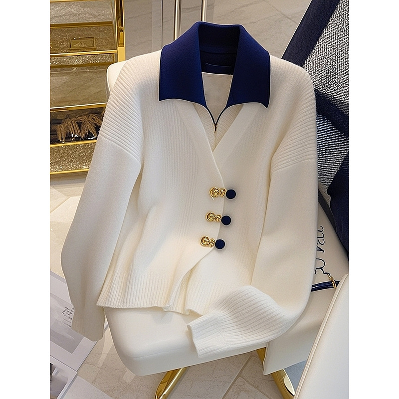 White Pseudo-two sweater chanelstyle tops for women