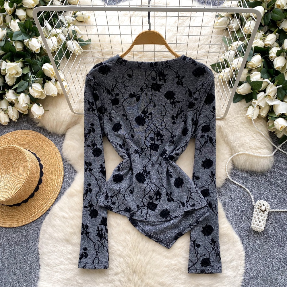 Retro long sleeve T-shirt flocking tops for women