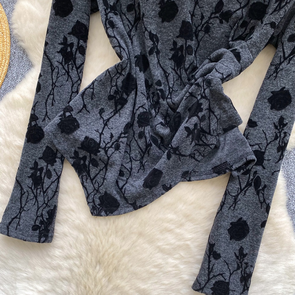 Retro long sleeve T-shirt flocking tops for women