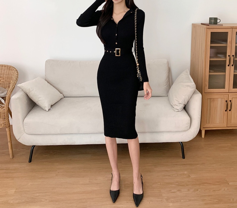 Knitted package hip round neck dress for women