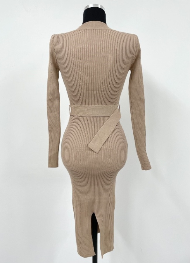 Knitted package hip round neck dress for women