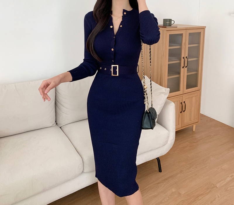 Knitted package hip round neck dress for women