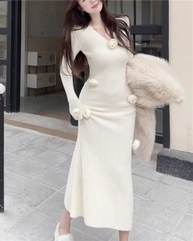 Flowers knitted bottoming long pinched waist dress