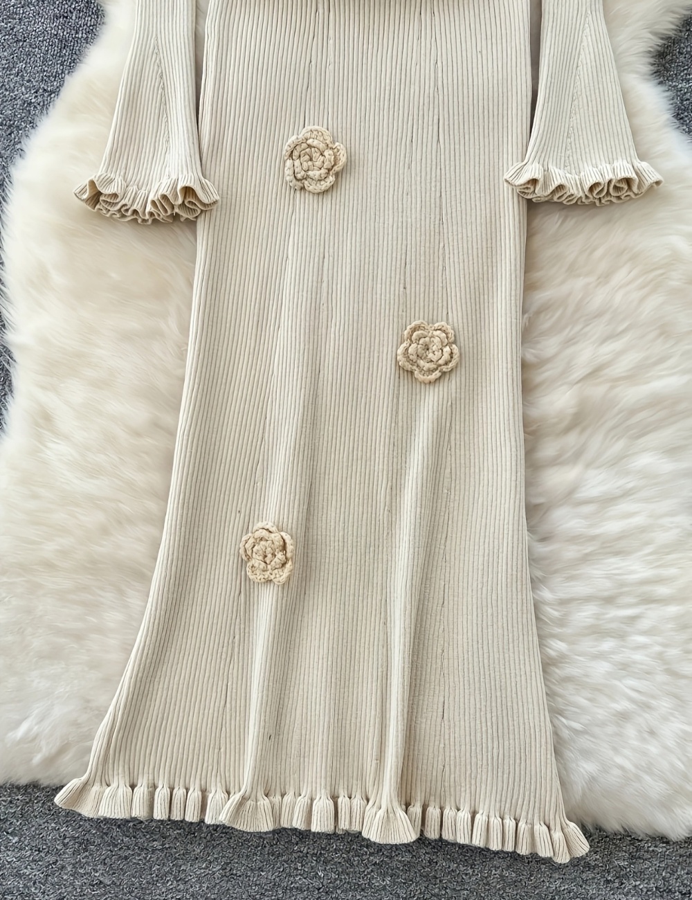 Flowers knitted bottoming long pinched waist dress