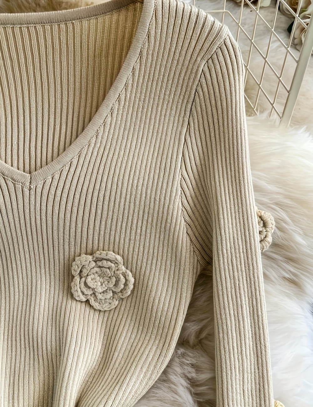 Flowers knitted bottoming long pinched waist dress