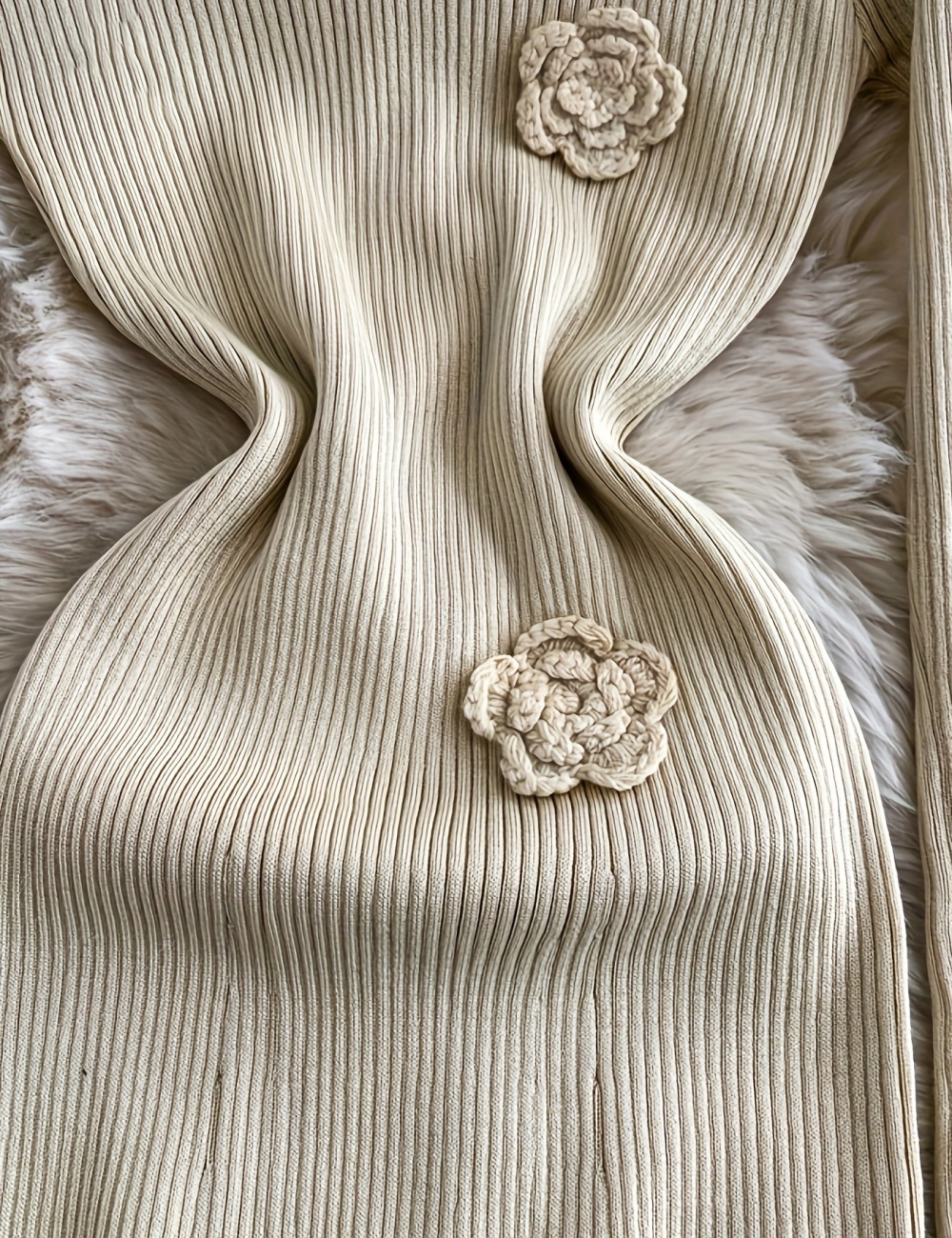 Flowers knitted bottoming long pinched waist dress