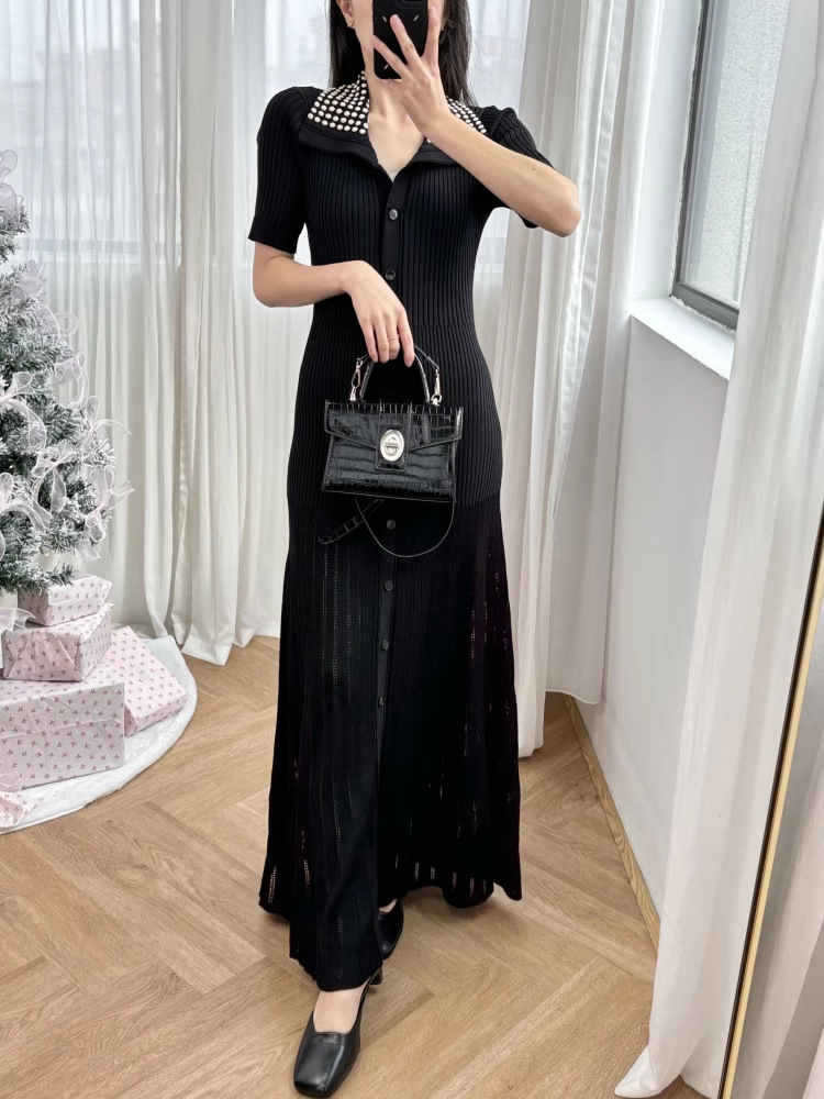 Short sleeve dress lapel long dress