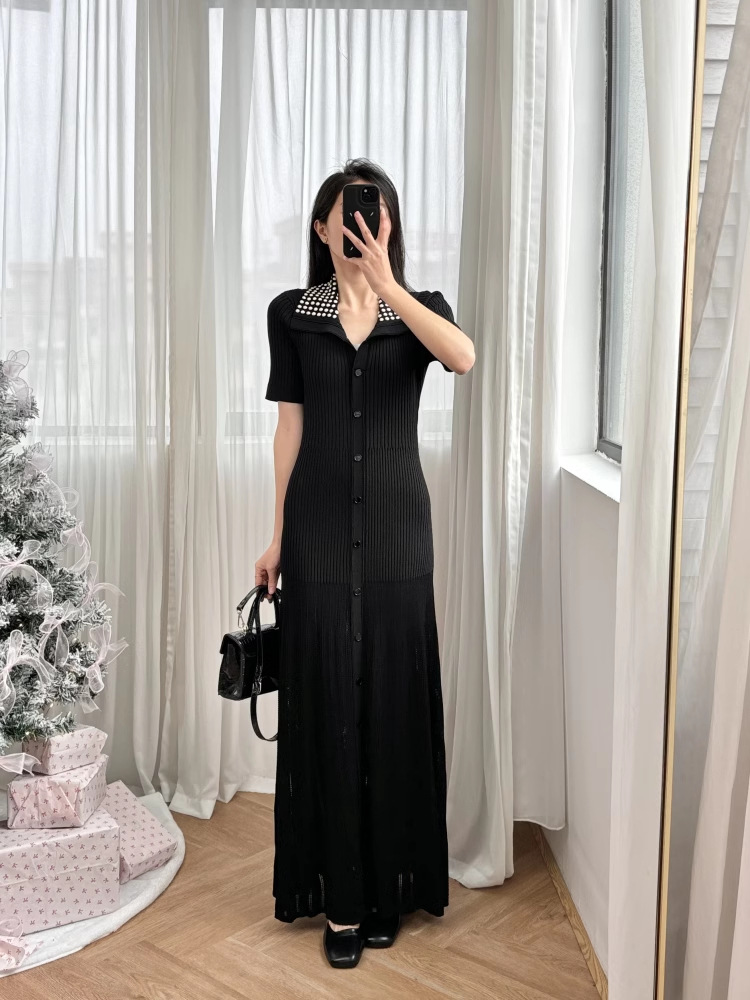 Short sleeve dress lapel long dress