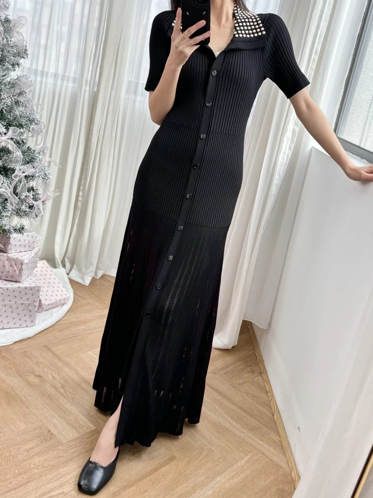 Short sleeve dress lapel long dress