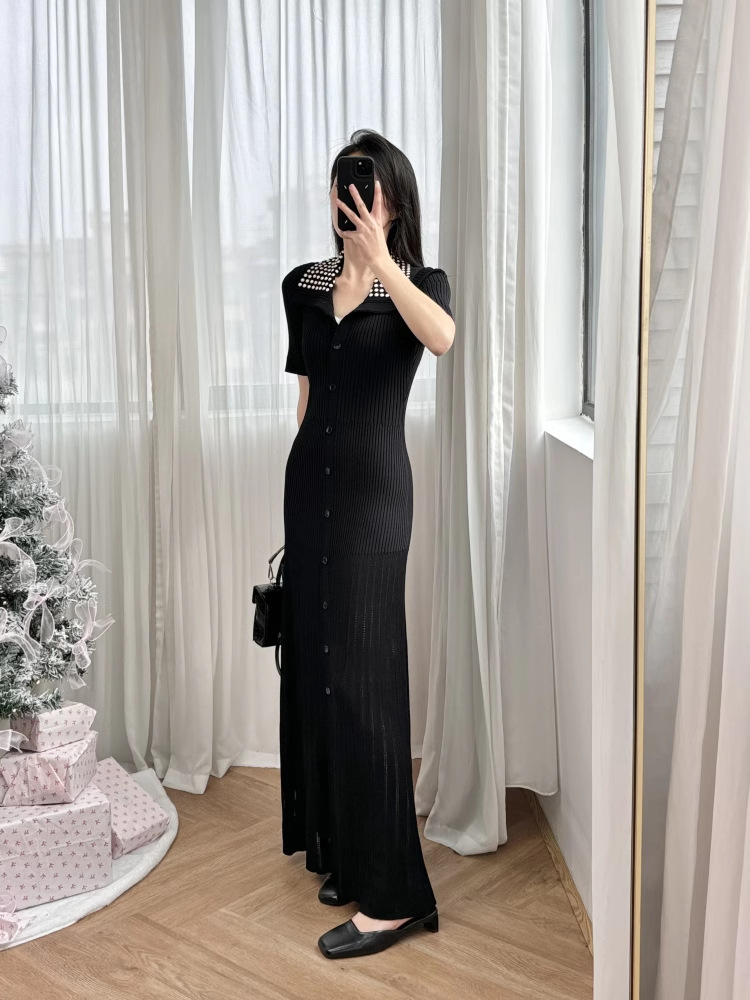 Short sleeve dress lapel long dress