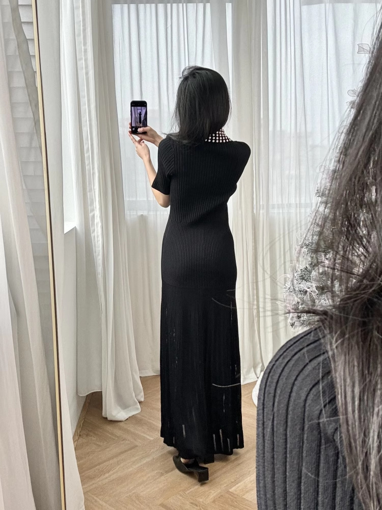 Short sleeve dress lapel long dress