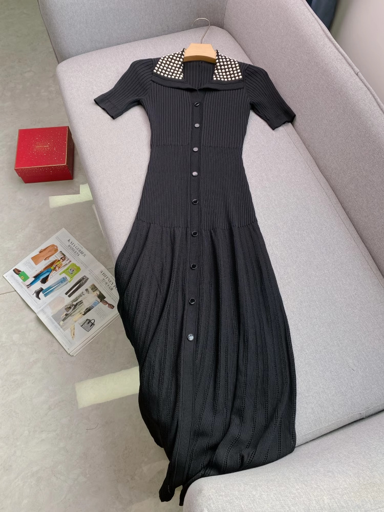 Short sleeve dress lapel long dress