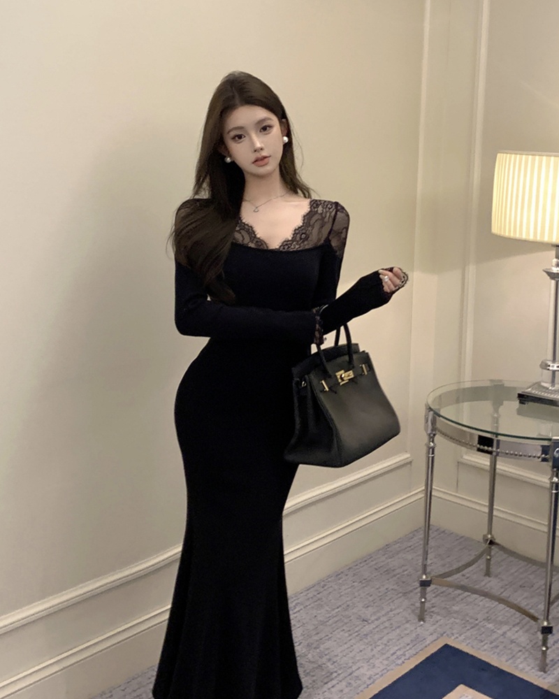 Pinched waist mermaid sexy slim V-neck dress for women