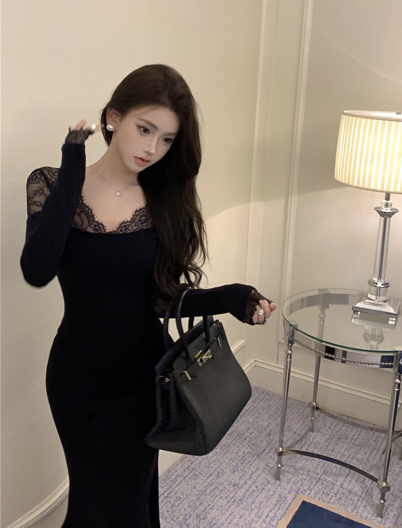 Pinched waist mermaid sexy slim V-neck dress for women