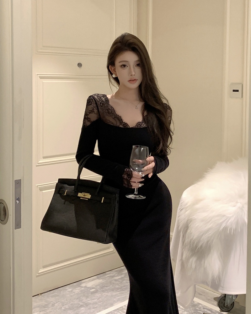 Pinched waist mermaid sexy slim V-neck dress for women