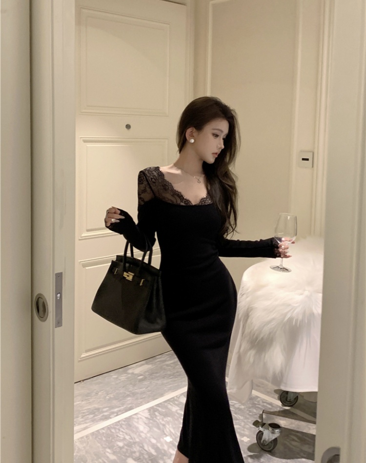 Pinched waist mermaid sexy slim V-neck dress for women