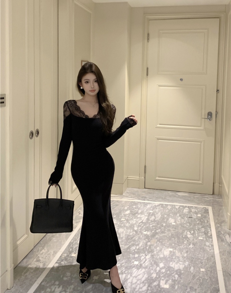 Pinched waist mermaid sexy slim V-neck dress for women