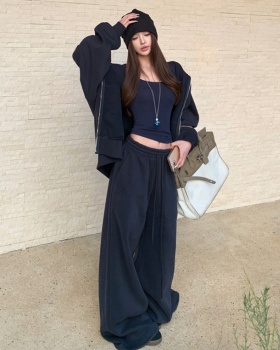 Navy-blue long pants plus velvet hoodie 2pcs set for women