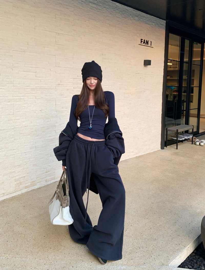 Navy-blue long pants plus velvet hoodie 2pcs set for women