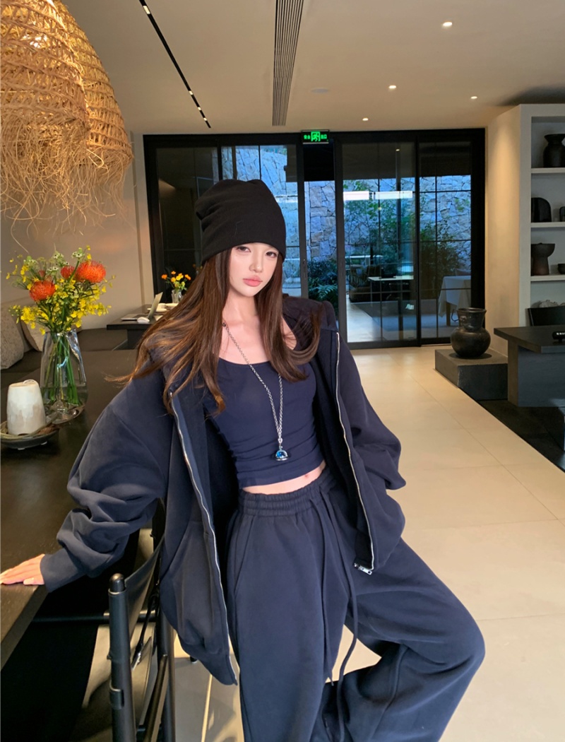 Navy-blue long pants plus velvet hoodie 2pcs set for women