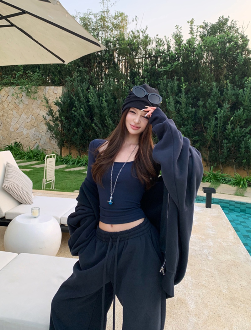 Navy-blue long pants plus velvet hoodie 2pcs set for women