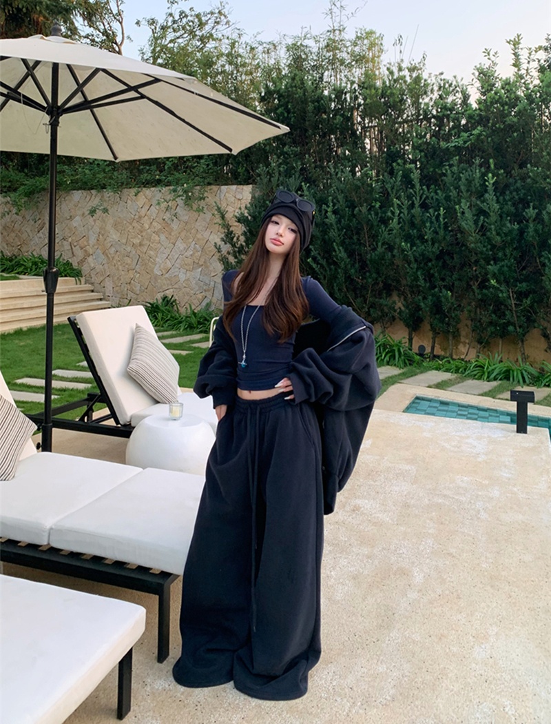 Navy-blue long pants plus velvet hoodie 2pcs set for women