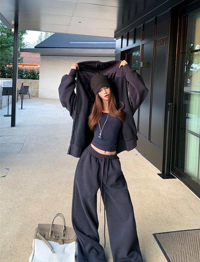 Navy-blue long pants plus velvet hoodie 2pcs set for women