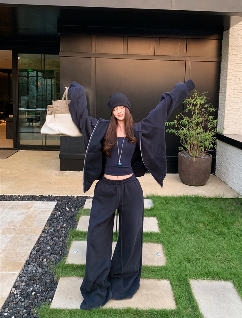 Navy-blue long pants plus velvet hoodie 2pcs set for women