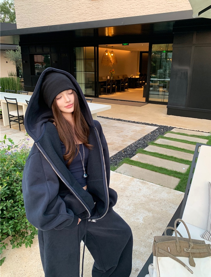 Navy-blue long pants plus velvet hoodie 2pcs set for women