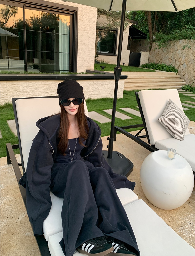 Navy-blue long pants plus velvet hoodie 2pcs set for women