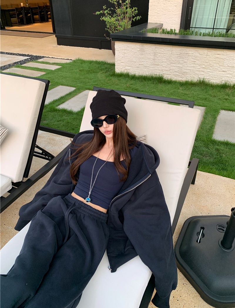 Navy-blue long pants plus velvet hoodie 2pcs set for women