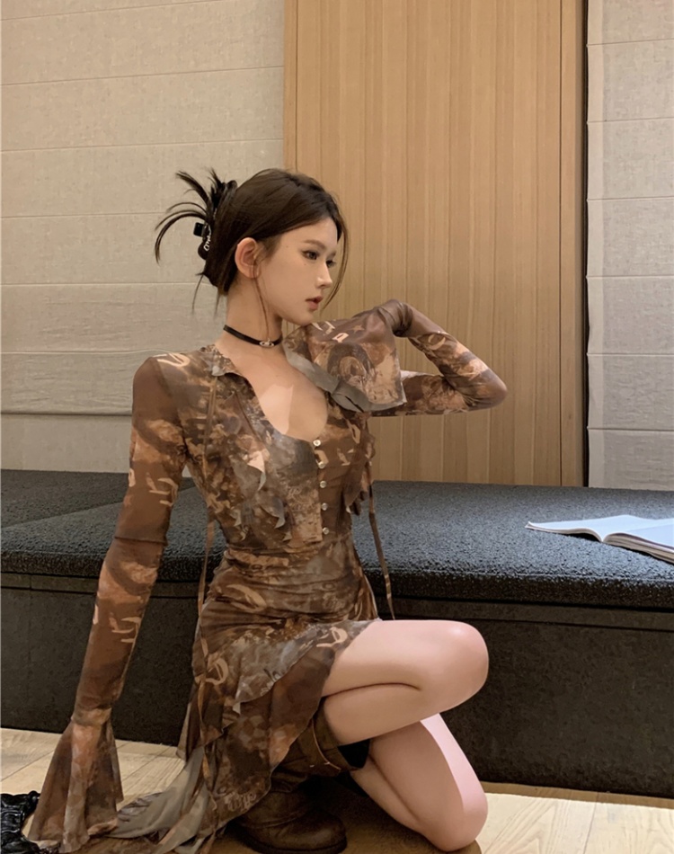 Pinched waist irregular long sleeve dress for women