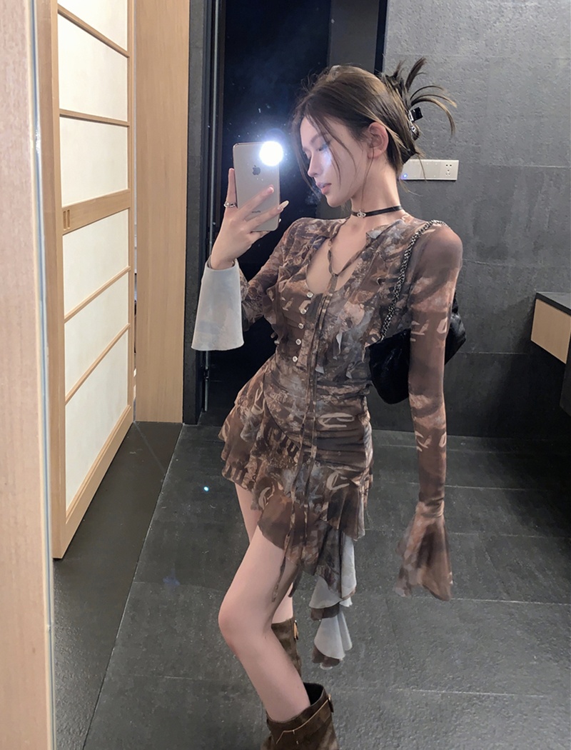 Pinched waist irregular long sleeve dress for women