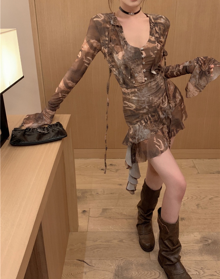 Pinched waist irregular long sleeve dress for women